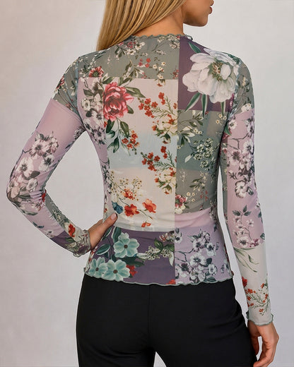 Women's Sheer Mesh Floral Print Mock Neck Frill Trim Long Sleeve Top