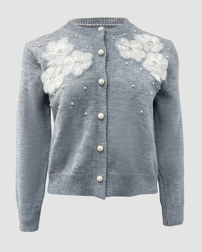 Floral Applique & Pearls Decor Round Neck Single Breasted Knit Cardigan Casual Crop Sweater Coat