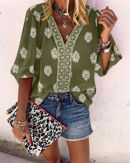 Vintage Baroque Placement Print V-Neck Lantern Sleeve Blouse Casual Long Sleeve Loose Fit Boho Top