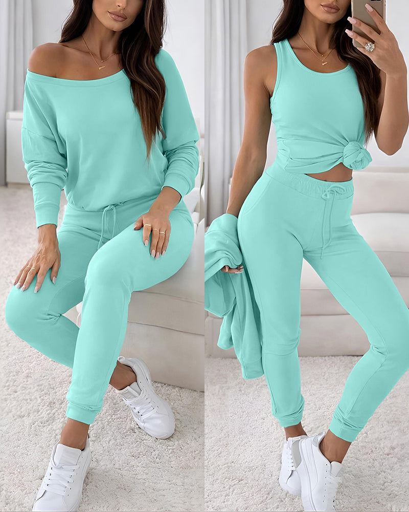 Women's 3 Piece Tracksuit Set Cold Shoulder Sweatshirt and Tank Top and High Waisted Jogger Pants Casual Lounge Workout Outfit
