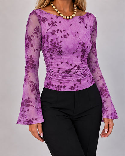 Women's Flocked Floral Boat Neck Sheer Mesh Flare Sleeve Ruched Slim Fit Top