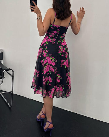 Women's Floral Print Cowl Neck Cami Dress High Waisted Sheer Mesh Overlay A-Line Dress Elegant Backless Flowy Party Dress