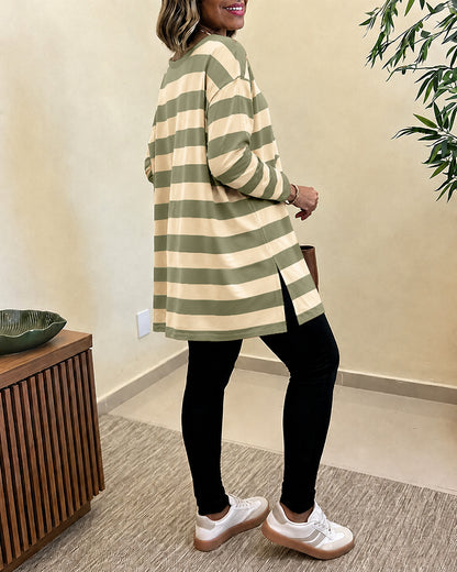 Women's Striped T Shirt Long Sleeve Drop Shoulder Crewneck Tee Side Slit Casual Loose Fit Top