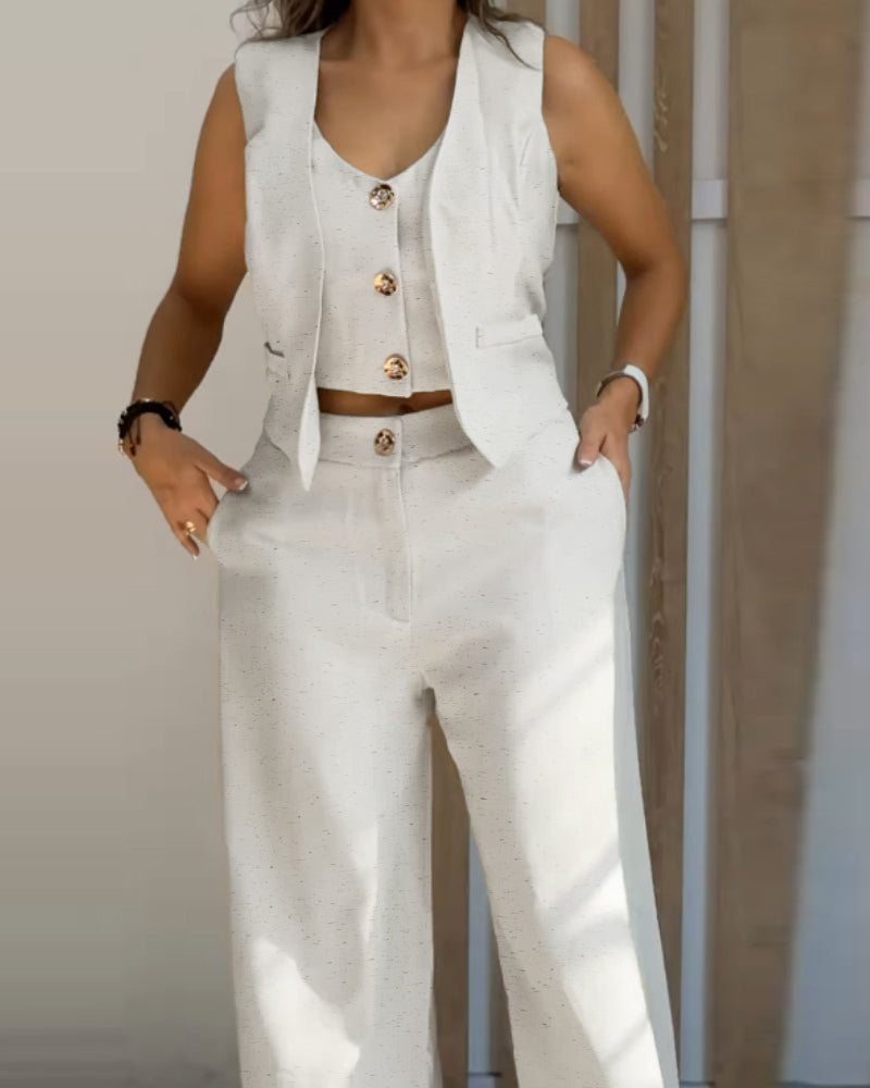 2 Pieces Outfits V Neck Sleeveless Button Front Vest Crop Top And Casual Zipper Fly Elastic Back Waist Wide Leg Pants Set