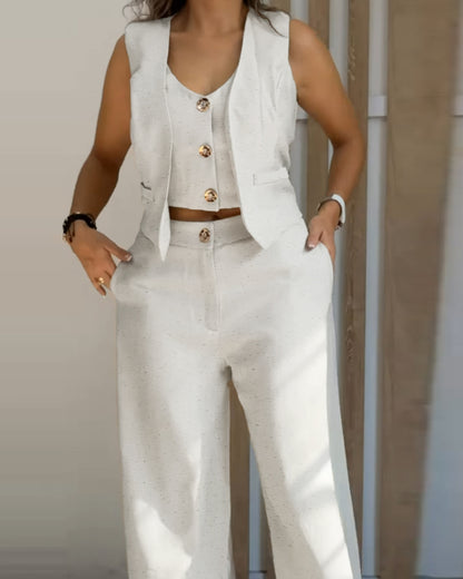 2 Pieces Outfits V Neck Sleeveless Button Front Vest Crop Top And Casual Zipper Fly Elastic Back Waist Wide Leg Pants Set