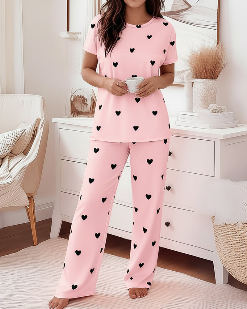 Valentine's Day 2 Pieces Outfit Round Neck Short Sleeve Top and Elastic Waist Pants Set Casual Heart Print Loose Fit Pajamas Set
