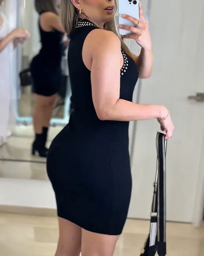 Studded Polo Collar Sleeveless Half Snap Button Front Bodycon Dress Elegant Knit Mini Dress