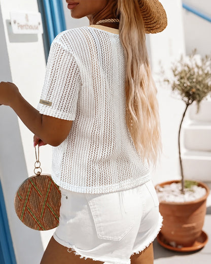 Women's Hollow-out Contrast Crewneck Short Sleeve Sheer Top