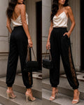 Women's High Waisted Casual Pants Elegant Lace Patchwork Bowknot Joggers with Pockets