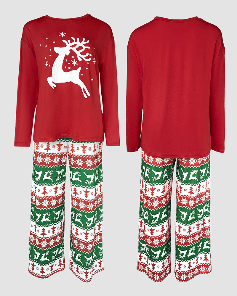 2 Pieces Outfit Reindeer Print Long Sleeve Drop Shoulder Top and Christmas Print Colorblock Elastic Waist Pants Set Casual Pajamas Set
