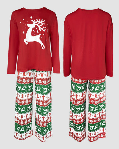2 Pieces Outfit Reindeer Print Long Sleeve Drop Shoulder Top and Christmas Print Colorblock Elastic Waist Pants Set Casual Pajamas Set