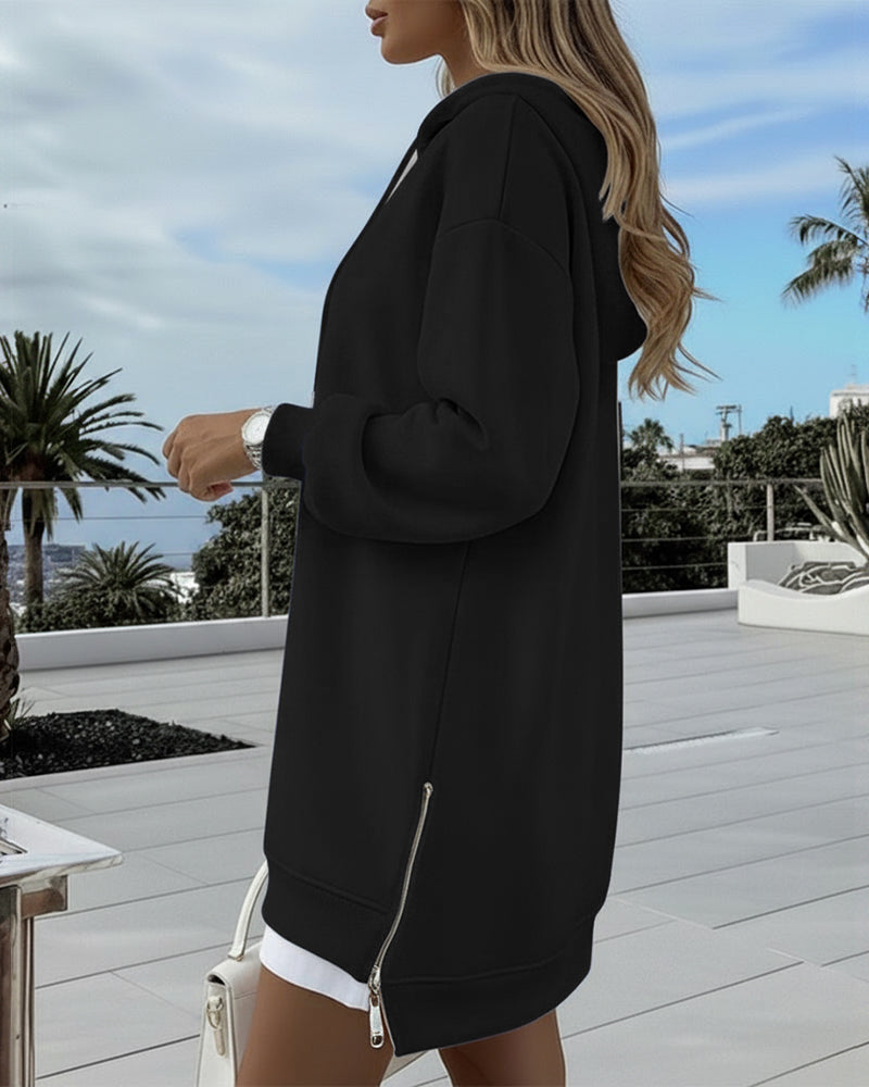 Long Sleeve Pocket Design Pullover Sweatshirt Casual Faux Two Piece Longline Drawstring Hooded Top