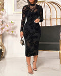 Women's Flocked Floral Mesh Dress Set Mock Neck Long Sleeve Bodycon Dress Sheer Lace Party Midi Dress with Camisole Slip Dress