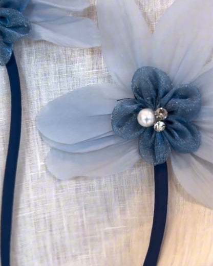 Pearls & Rhinestone Decor 3D Floral Appliques Frill Hem Cuffs Linen Tee Casual Loose Fit Top