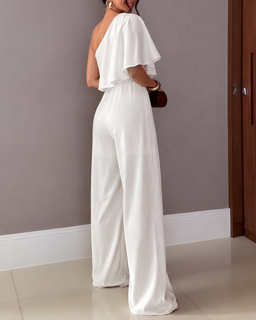 Women's One Shoulder Jumpsuit Casual Ruffle Chiffon Overalls Elegant Split Faux Two Piece Wide Leg Jumpsuits with Pockets