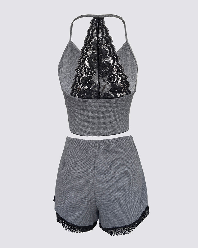2 Pieces Colorblock Halter Contrast Lace Backless Tank Top & Waffle Knit Casual Shorts Sets