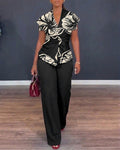 Women's 2 Piece Outfit Floral Print Twist Front V Neck Top and High Waist Wide Leg Pants Set