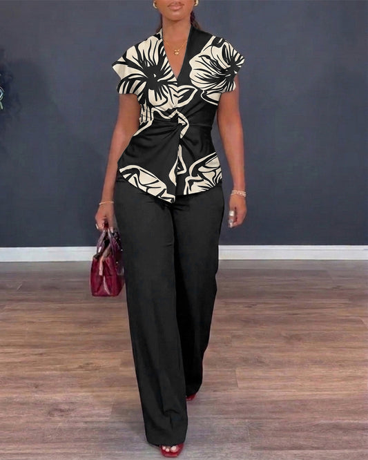Women's 2 Piece Outfit Floral Print Twist Front V Neck Top and High Waist Wide Leg Pants Set