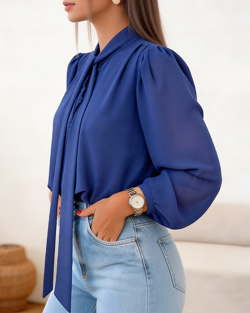 Women's Tie Neck Chiffon Blouse Elegant Lace V Neck Shirt Long Lantern Sleeve Top Ruched Elastic Hem Lined Blouse
