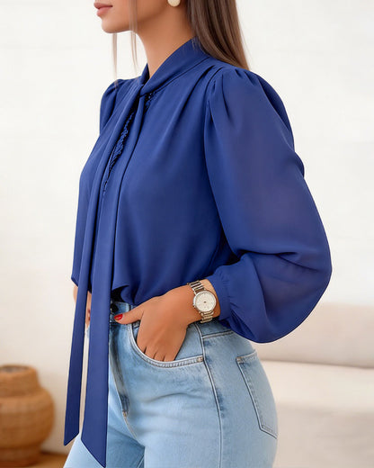 Women's Tie Neck Chiffon Blouse Elegant Lace V Neck Shirt Long Lantern Sleeve Top Ruched Elastic Hem Lined Blouse