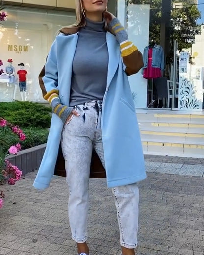 Color Block Long Trench Coat Single Breasted Detachable Fuzzy Leopard Pattern Lapel Overcoat