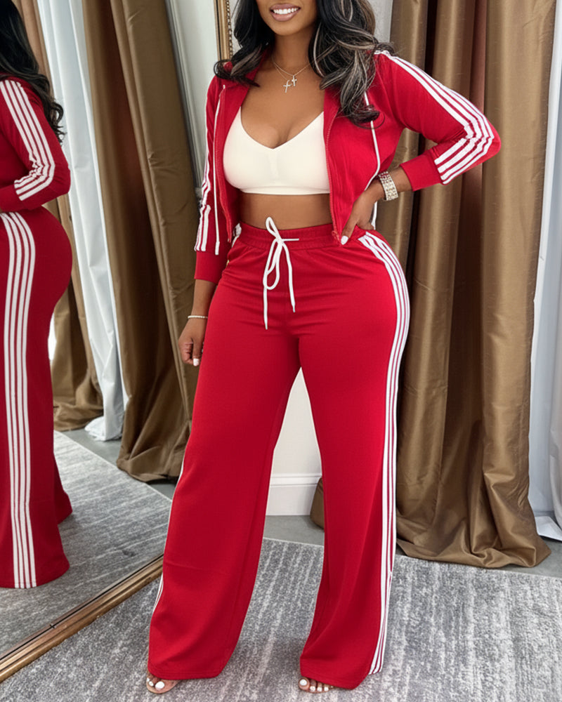2 Pieces Outfit Zip Up Drawstring Hoodie Crop Coat and Drawstring Elastic Waist Wide Leg Pants Set Casual Contrast Side Striped Tracksuit
