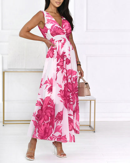 Women's Floral Print Maxi Dress Overlap V Neck Backless Chiffon Sundress Sleeveless High Waist Flowy A-Line Vacation Dress