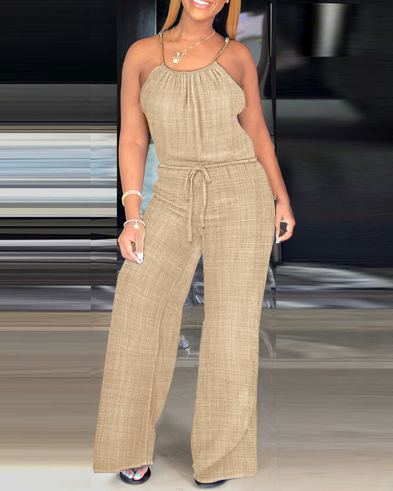 Womens Spaghetti Strap Drawstring Tied Waist Jumpsuit Casual Overalls