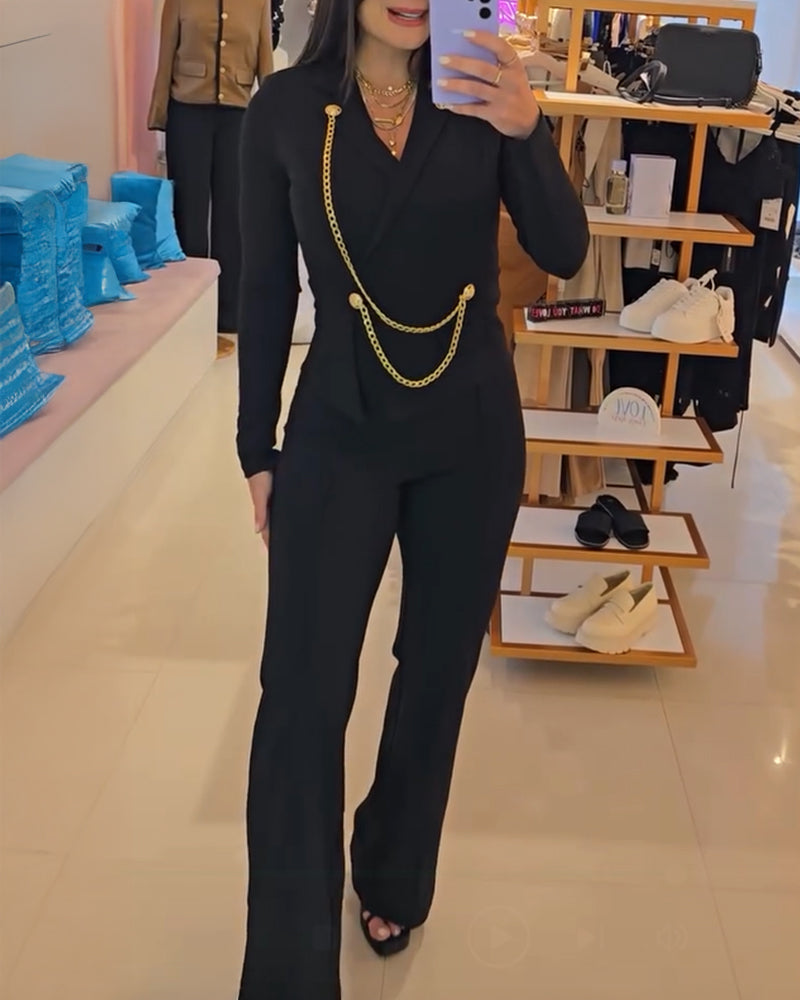 Chain & Button Decor Notched Collar Overlap V-Neck Slit Spliced Overalls Casual High Waist Seam Front Zipper Back Jumpsuit