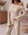 Women's 2 Piece Ribbed Knit Lounge Set Boat Neck Flare Sleeve Ruched Top and Wide Leg Pants Set