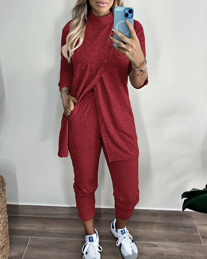 2 Pieces Outfit Mock Neck Long Sleeve Button Decor Slit Mid-Length Top and Stretchy Drawstring High Waist Slim Fit Pants Set