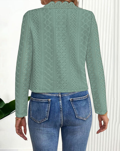 Contrast Scallop Lace Trim Open Front Coat Casual Hollow-out Breathable Crop Jacquard Textured Cardigan