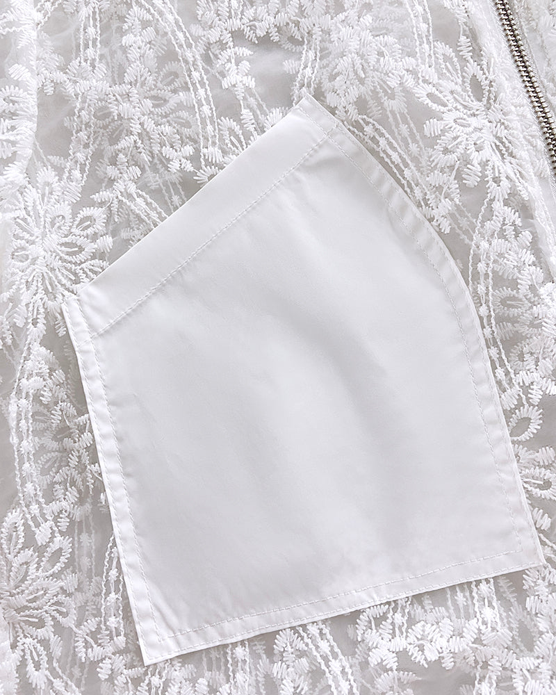 Floral Lace Embroidered Mesh Patchwork High-Low Hem Baseball Coat Casual Side Slit Zip Up Bomber Jacket