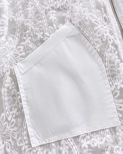 Floral Lace Embroidered Mesh Patchwork High-Low Hem Baseball Coat Casual Side Slit Zip Up Bomber Jacket