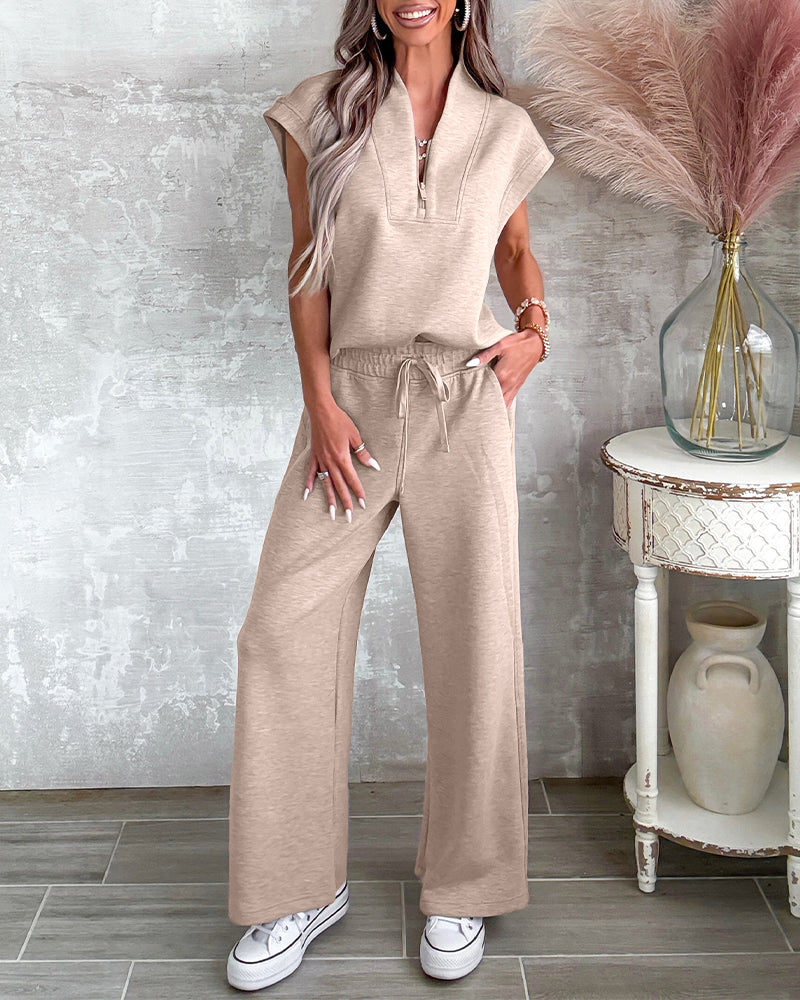 Women's 2 Piece Set Half Zip Cap Sleeve Top and Drawstring Straight Leg Pants Casual Loungewear
