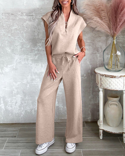 Women's 2 Piece Set Half Zip Cap Sleeve Top and Drawstring Straight Leg Pants Casual Loungewear