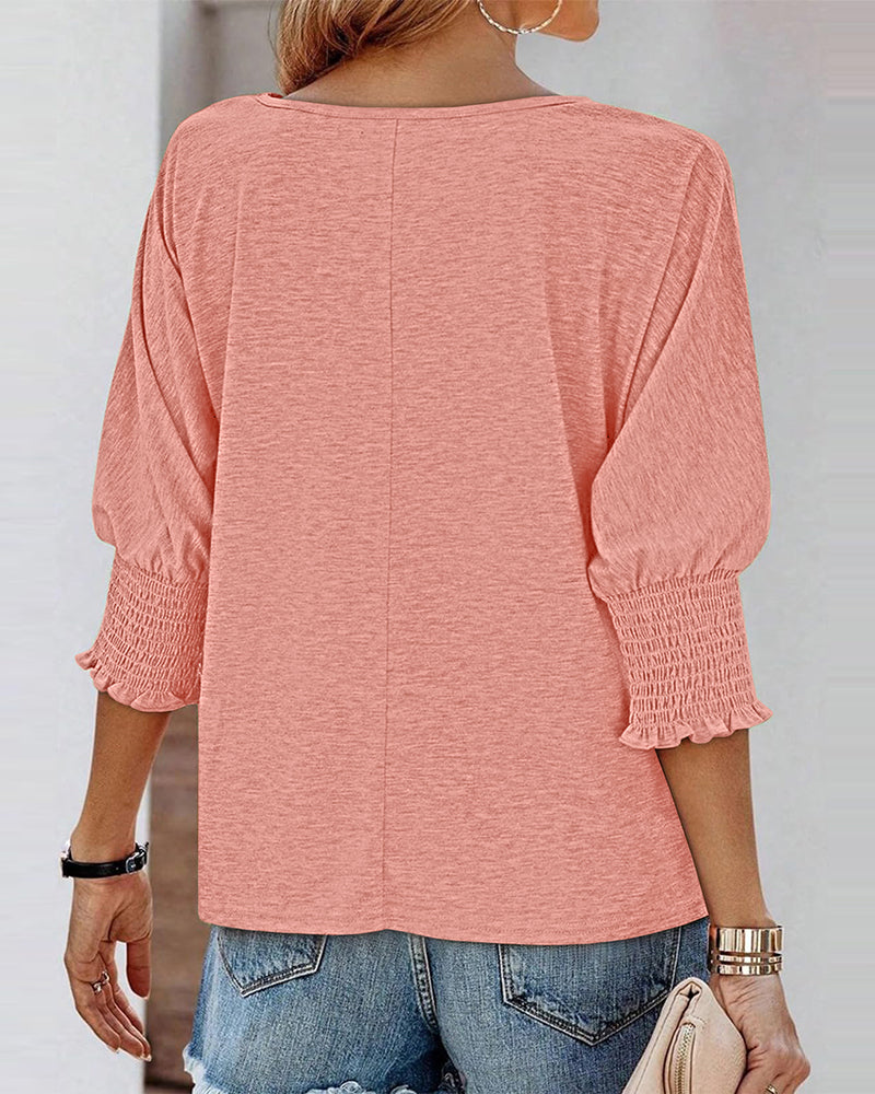 Round Neck Three Quarters Shirred Lantern Sleeve Softy T-Shirt Casual Tee