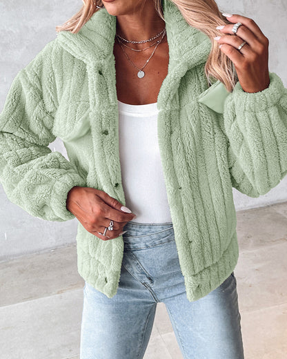 Textured Striped Turn-down Collar Button Front Elastic Cuff and Hem Teddy Fleece Jacket With Decorative Flap Pockets