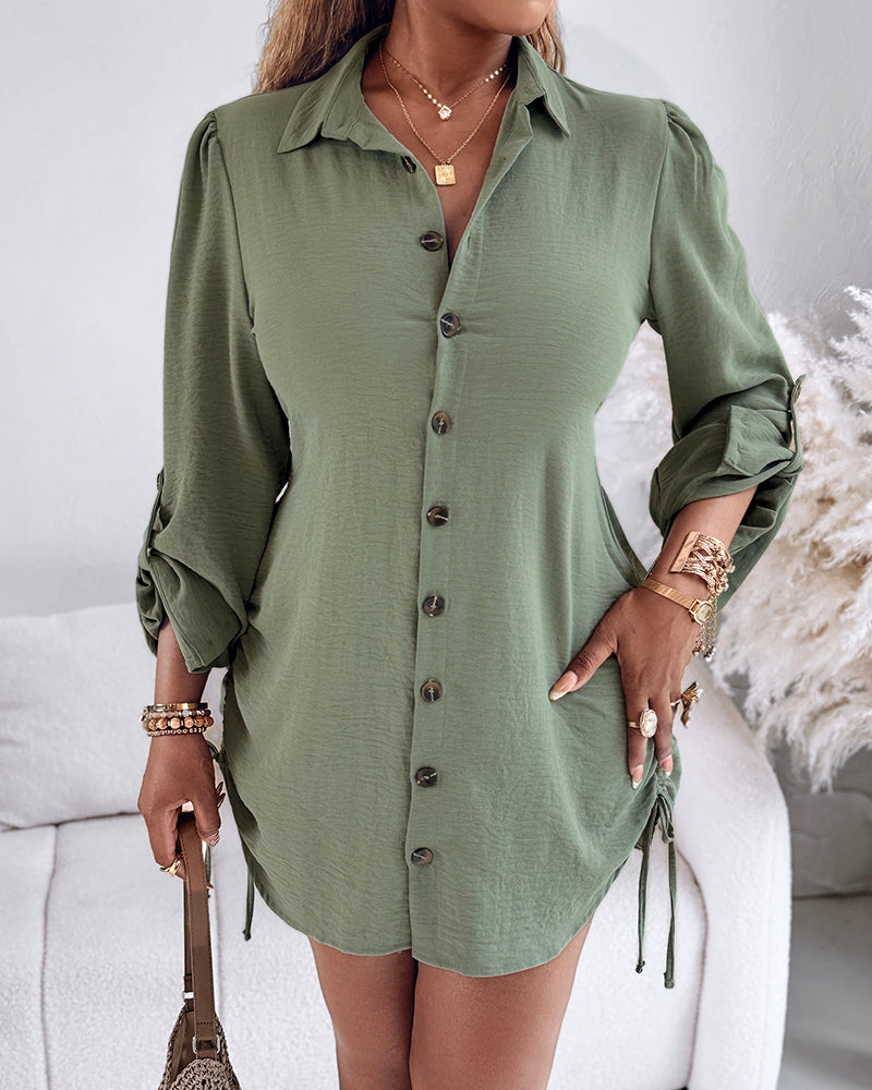 Button Down Shirt Dress Roll Tab Sleeve Side Drawstring Mini Dresses