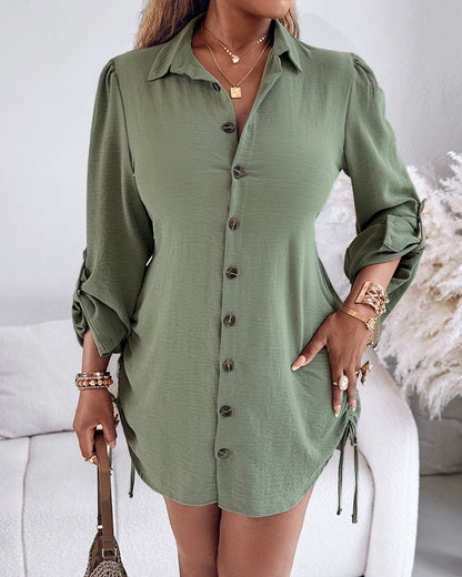 Button Down Shirt Dress Roll Tab Sleeve Side Drawstring Mini Dresses