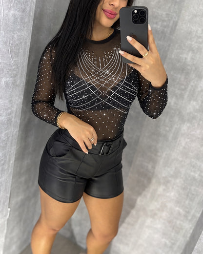 Women's Rhinestone Sheer Mesh Round Neck Long Sleeve Slim Fit Top