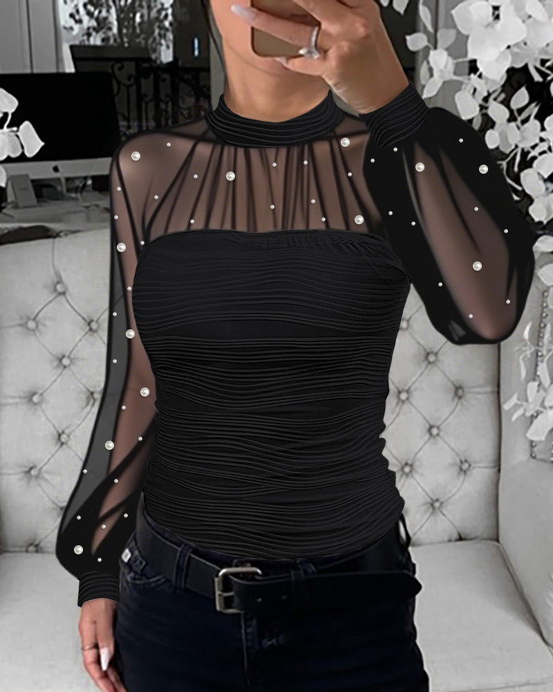 Pearls Decor High Neck Sheer Mesh Spliced Ruched Tee Hollow-out Back Slim Fit Textured Top