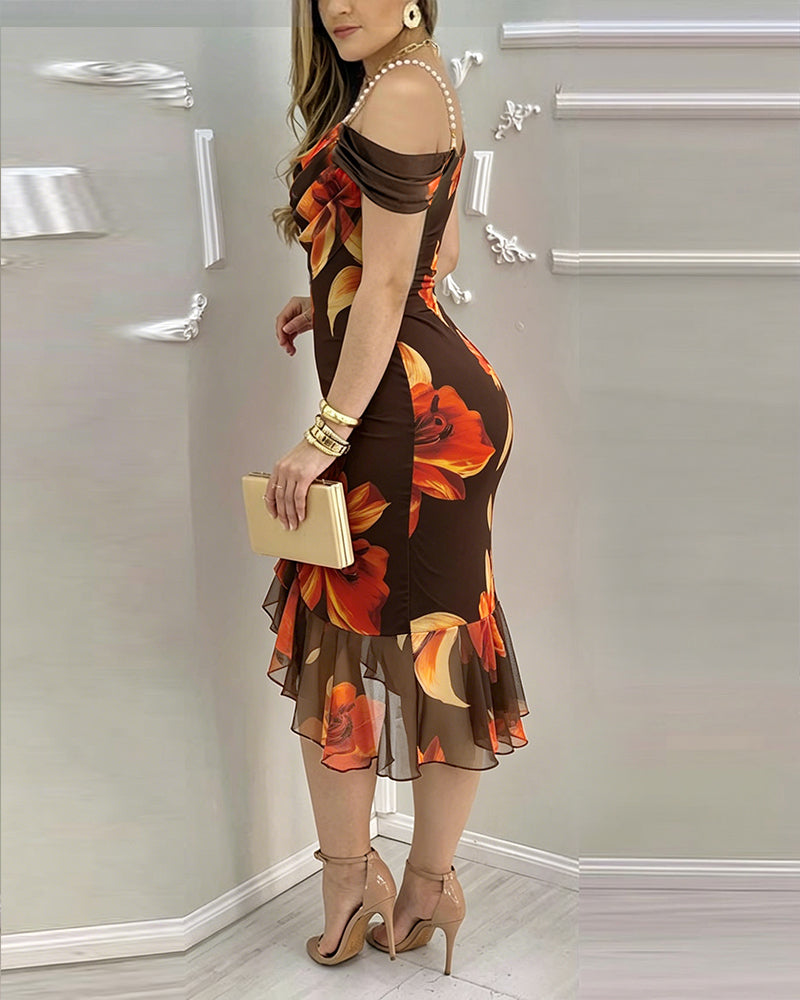 Women's Vintage Floral Print Bodycon Dress Cowl Neck Stretchy Pearl Strap Mermaid Dress Elegant Side Slit Evening Gown