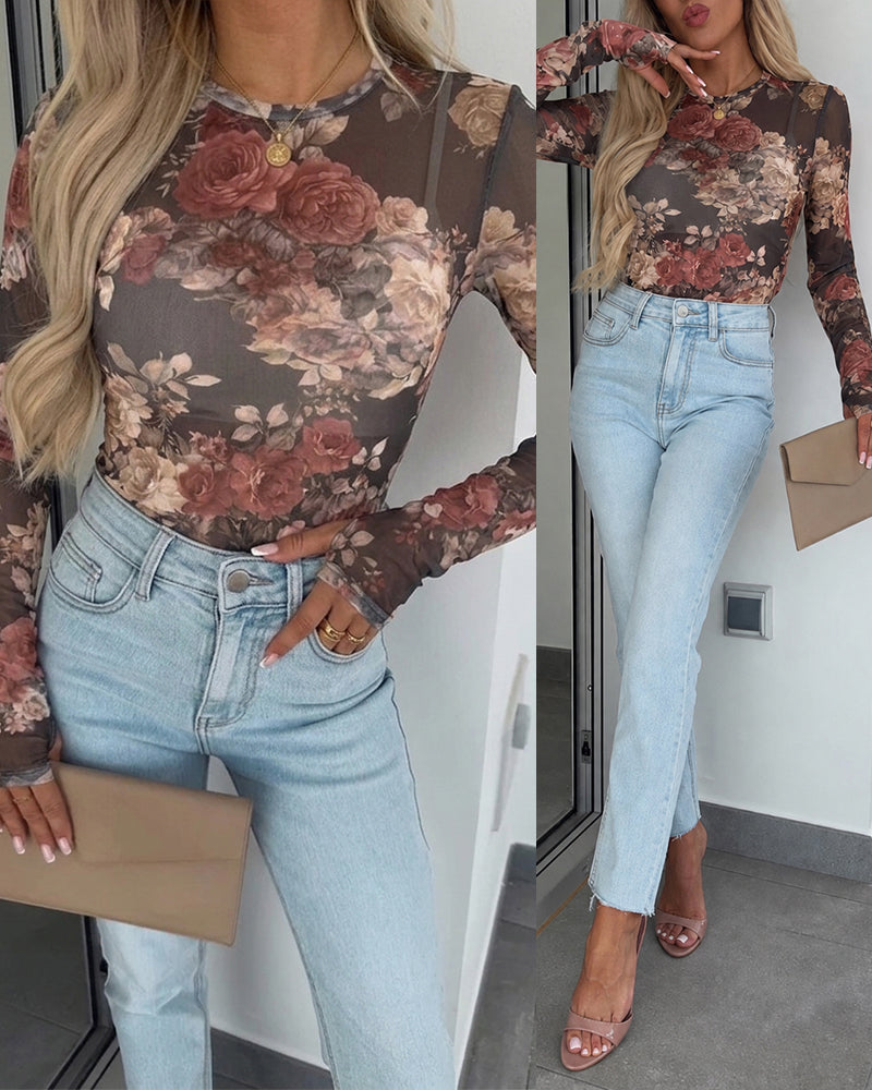Women's Vintage Floral Print Sheer Mesh Top Long Sleeve Slim Fit Crewneck Layering Top with Thumb Hole Cuffs