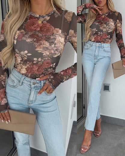 Women's Vintage Floral Print Sheer Mesh Top Long Sleeve Slim Fit Crewneck Layering Top with Thumb Hole Cuffs