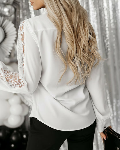 Turn-down Collar Lace Spliced Long Sleeve Button Front Shirt Casual Commuting Top