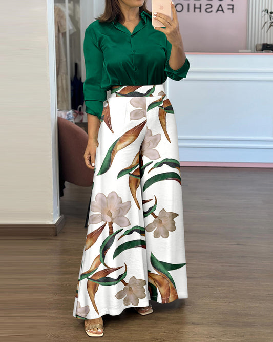 2 Pieces Outfit Turn-down Collar Long Sleeve Button Front Satin Shirt and Casual Vintage Floral Print Elastic Back Waist Wide Leg Pants Set without Belt