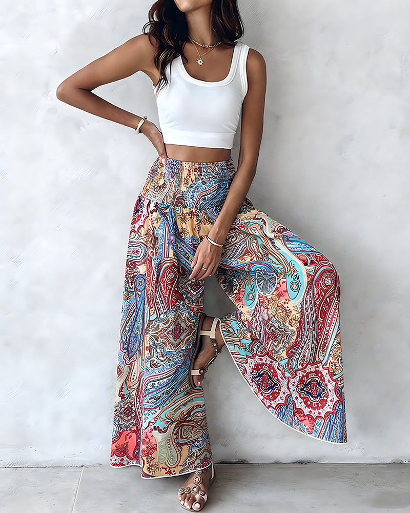 CHICME Women's Vintage Print Wide Leg Pants High Waisted Shirred Waist A-Line Trousers Flowy Boho Vacation Palazzo Pants