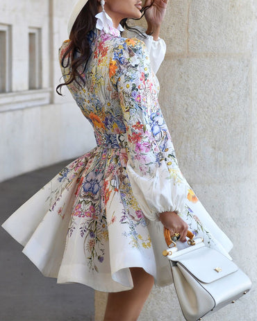 French Style Floral Print Stand Collar Lantern Sleeve Mixed-shape Button Down Dress Elegant Palace Style Cinched Waist Umbrella Hem Dress with Belt