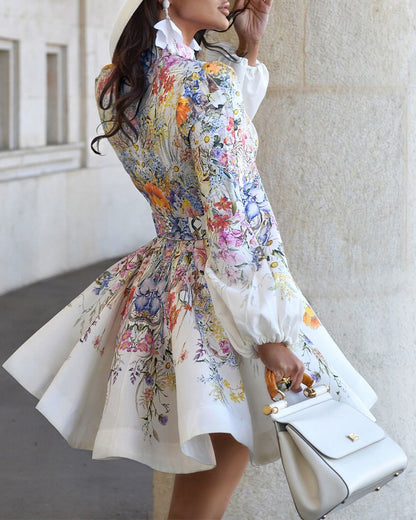 French Style Floral Print Stand Collar Lantern Sleeve Mixed-shape Button Down Dress Elegant Palace Style Cinched Waist Umbrella Hem Dress with Belt
